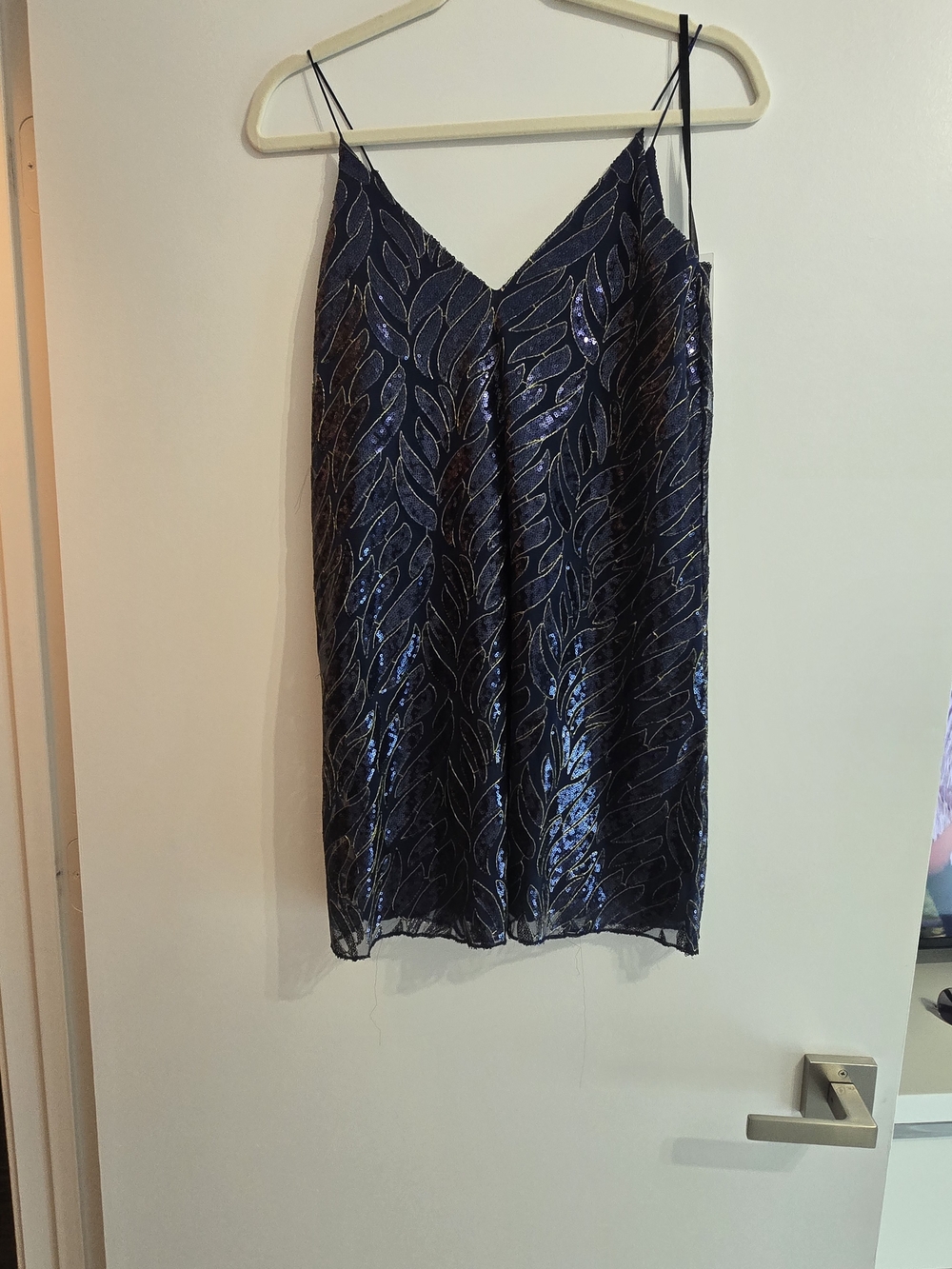 Sequin Leaf-Pattern Mini Dress in Navy Blue
